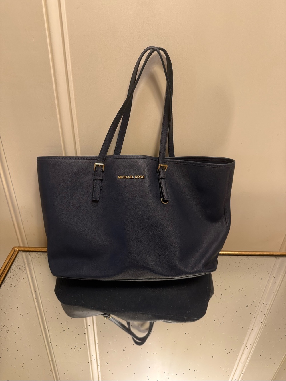 Michael Kors Dark Navy Saffiano Leather Tote with Gold Logo